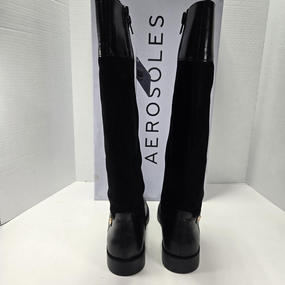 AEROSOLES Taba Black Suede Knee-High Two Zipper Expand Calf Riding Boot Size 7.5 - Picture 3 of 13
